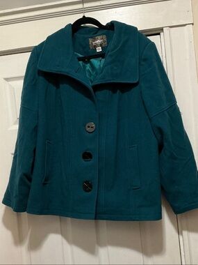 Avenue Teal Short Wool Peacoat with Wide Collar